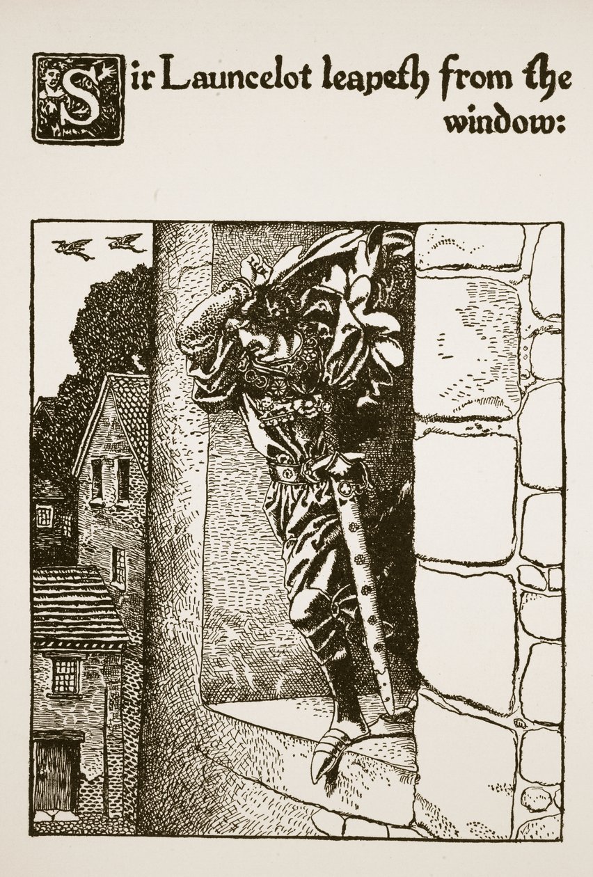 Sir Launcelot pencereden atlıyor, 'Sir Launcelot ve Yoldaşlarının Öyküsü'nden bir çizim, 1907 by Howard Pyle