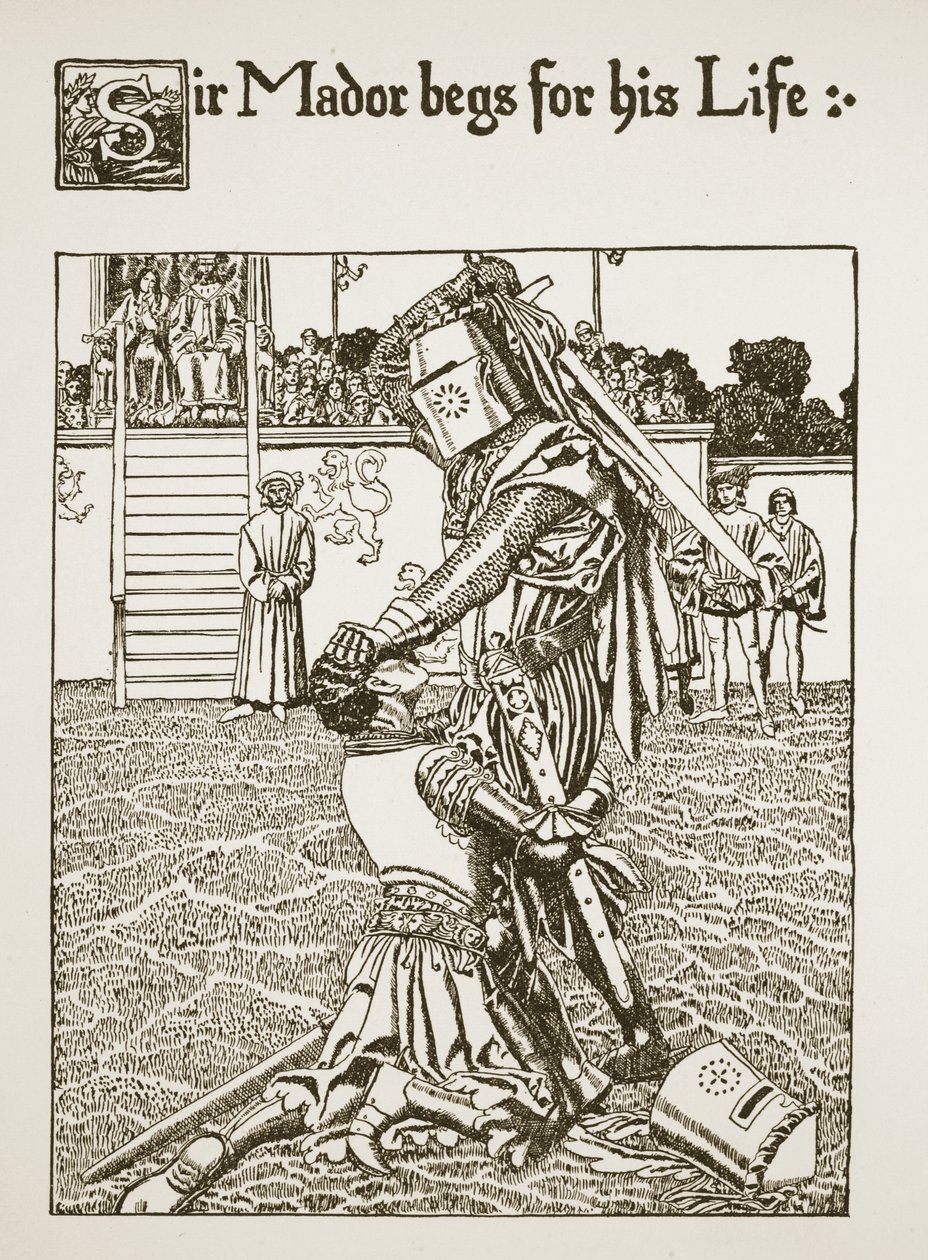Sir Mador hayatı için yalvarıyor, 'Kase'nin Öyküsü ve Arthur'un Geçişi'nden bir çizim, c.1910 by Howard Pyle
