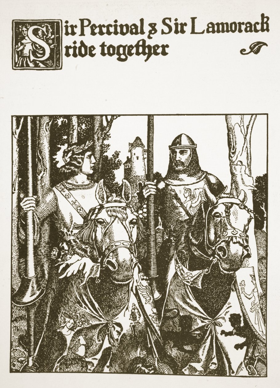 Sir Percival ve Sir Lamorack birlikte at sürüyorlar, 'Yuvarlak Masa Şampiyonlarının Hikayesi'nden bir örnek by Howard Pyle