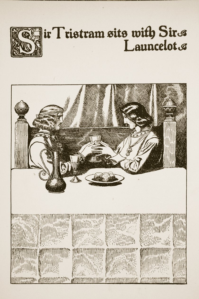 Sir Tristram, Sir Launcelot ile oturuyor, "Yuvarlak Masa Şampiyonlarının Hikayesi"nden bir çizim by Howard Pyle