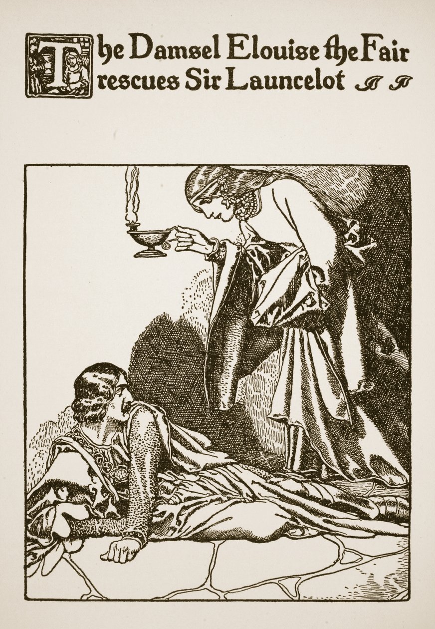 Bayan Elouise the Fair, Sir Launcelot'u kurtarıyor, 'Sir Launcelot ve Yoldaşlarının Öyküsü'nden bir örnek, 1907 by Howard Pyle