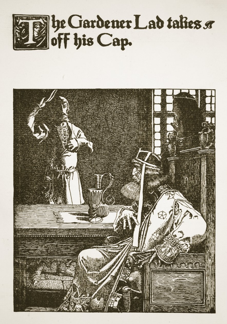 Bahçıvan Delikanlı Şapkasını çıkarıyor, 'Kral Arthur ve Şövalyelerinin Öyküsü'nden bir çizim, 1903 by Howard Pyle