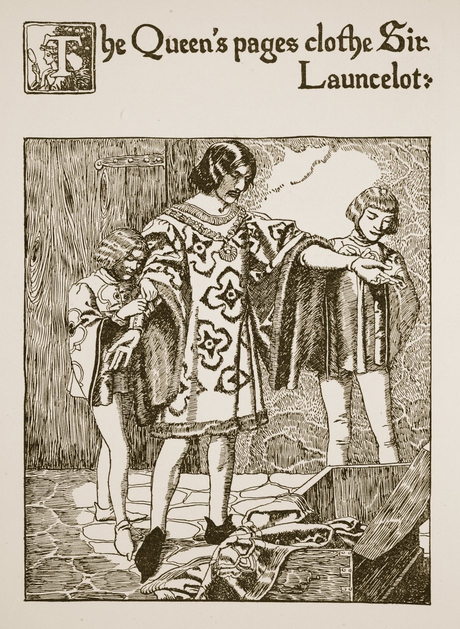 Kraliçe'nin sayfalarını giydiren Sir Launcelot, 'Kase'nin Öyküsü ve Arthur'un Geçişi'nden bir çizim, 1910 dolayları by Howard Pyle
