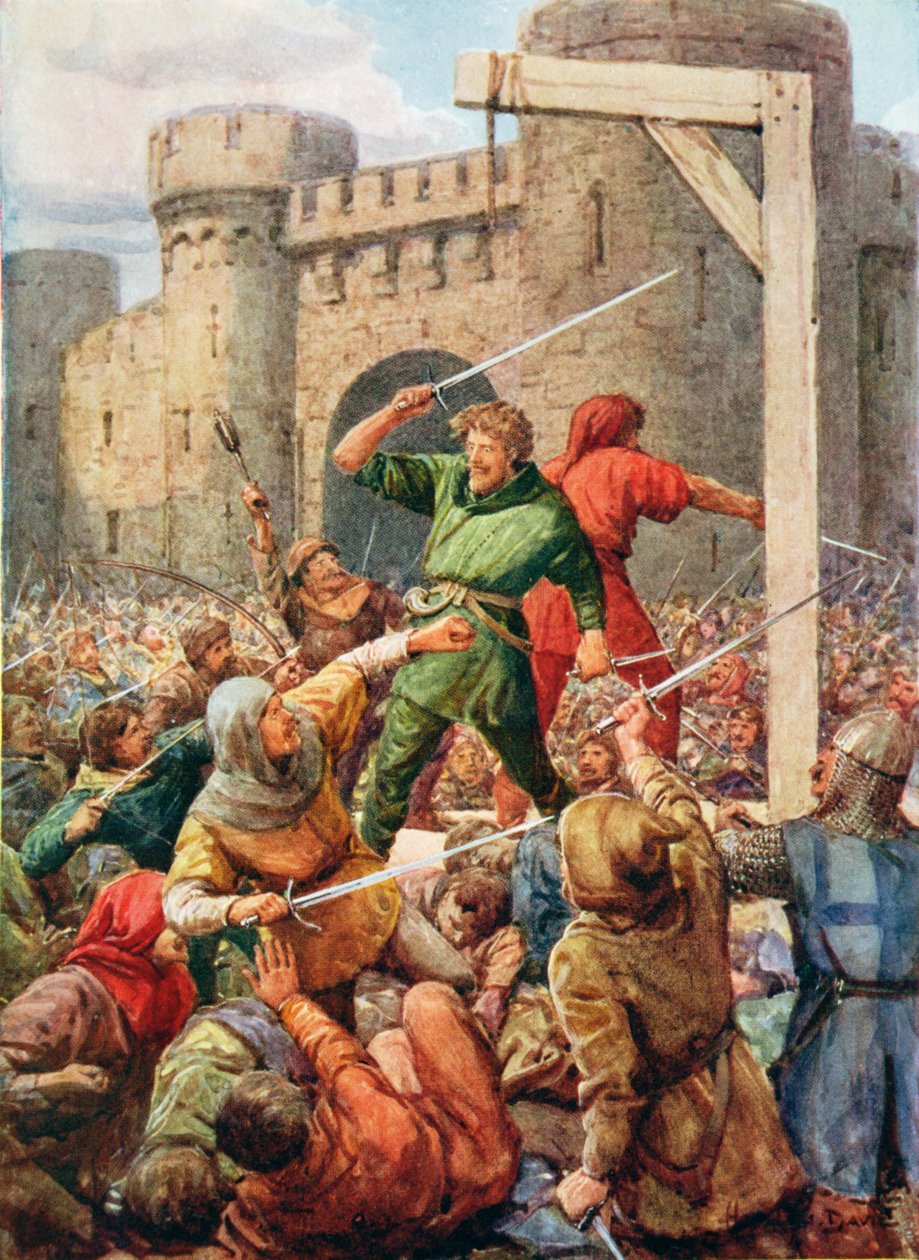 Raphael Tuck tarafından yayınlanan Rose Yeatman Woolf tarafından anlatılan 'Robin Hood ve Neşeli Yeşil Ormandaki Yaşamı'ndan bir örnek, gözüpek ikili sırt sırta duruyordu. by Howard Davie