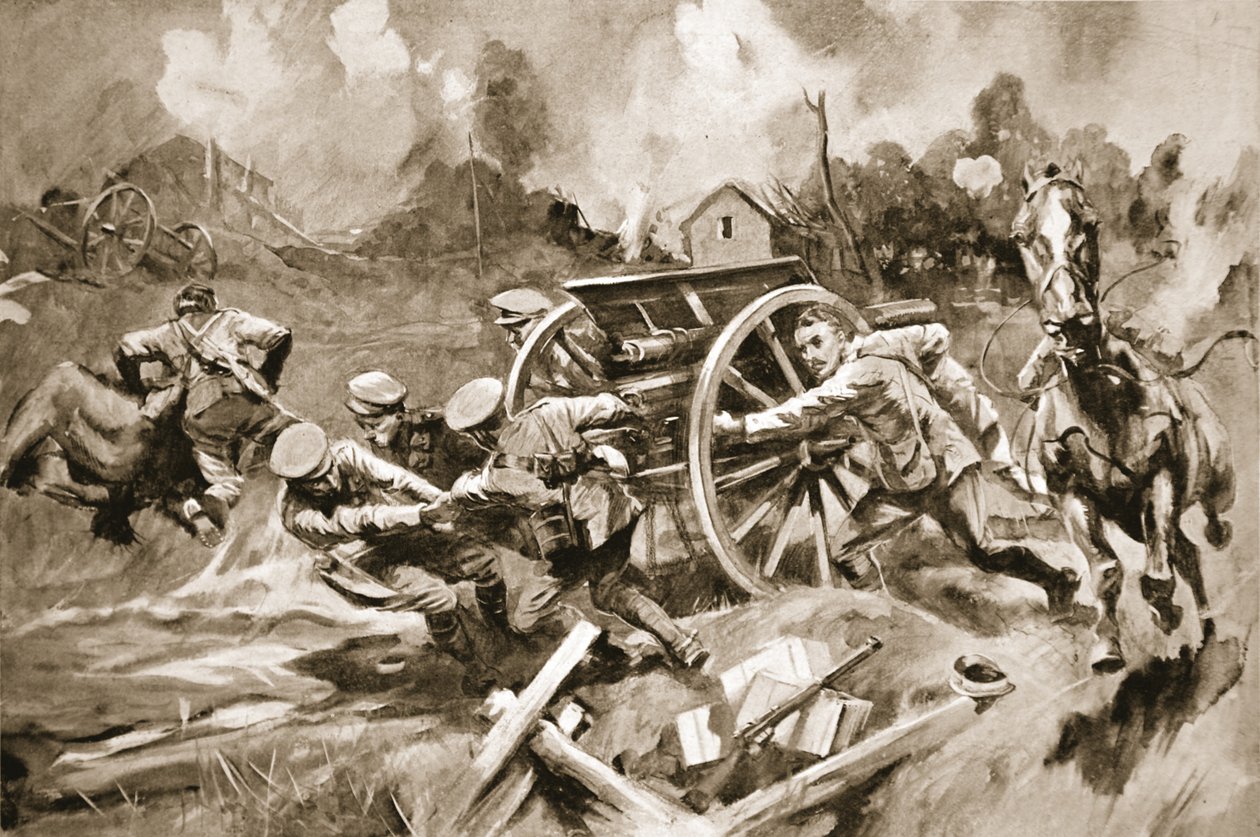 Farrier-Çavuş T. Harrison, komuta subayı yaralandığında top ateşi altında savunulamaz bir konumdan atları ve silahları kurtarıyor by Howard K. Elcock