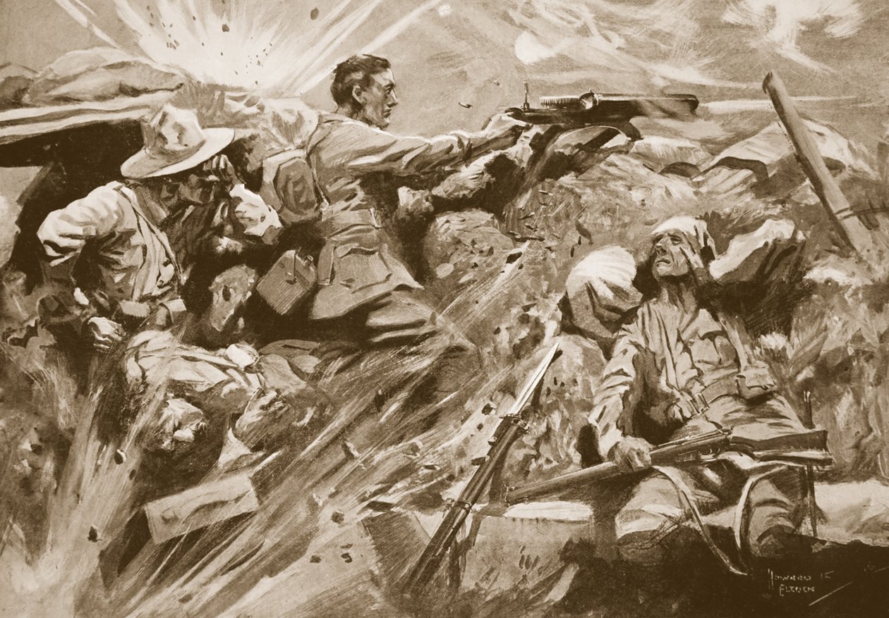 Er Cooke, silah ekibinin her üyesi öldürüldükten veya yaralandıktan sonra makineli tüfeğini ateşlemeye devam ediyor. by Howard K. Elcock