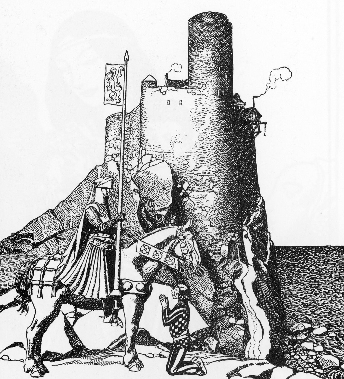 Arthur Efsanesi: Nabon Kalesi'ne ulaşan Tristan (Sir Tristam, Sir Nabon'un kalesine varıyor) Howard Pyle'ın (1853-1911) İllüstrasyonu “The Story of the champions of the round table”” 1905 Özel koleksiyon by Howard Pyle