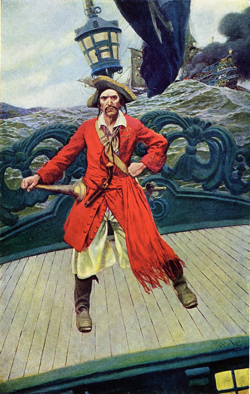 Kaptan Keith gemisinin güvertesinde. Howard Pyle (1853-1911), Amerikalı illüstratör tarafından “İspanyol Ana Korsanları ve Maroonerları Kitabı”ndan illüstrasyon by Howard Pyle