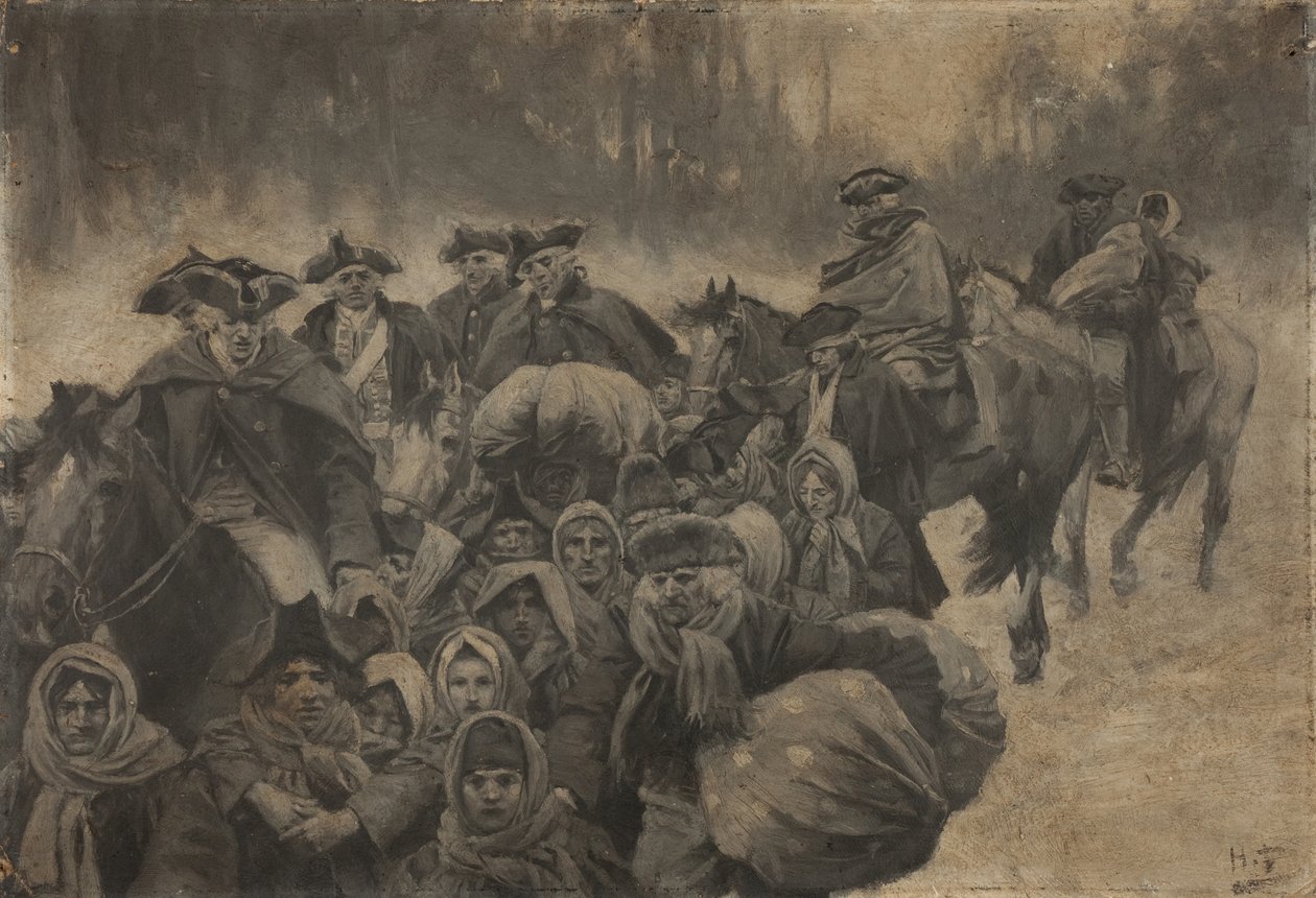 At sırtında beş kırmızı pelerinli asker, gözlerine kadar pelerinli bir başkası... Bunların etrafında kümelenmiş, genç ve yaşlı bir grup yoksul insan by Howard Pyle
