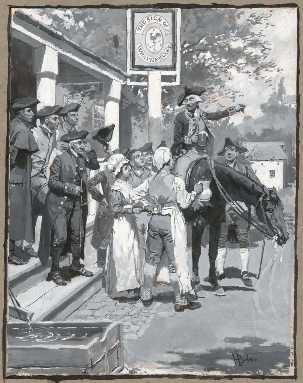 Rüzgar Gülünün İşaretinde Duruyor, şiir için bir çizim çiziyor by Howard Pyle
