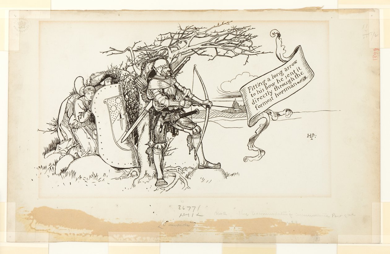 Uyum Sağlayan Durum için Örnekleme, II; Yayına uzun bir ok yerleştirdi ve onu doğrudan en önde gelen süvariden gönderdi. by Howard Pyle