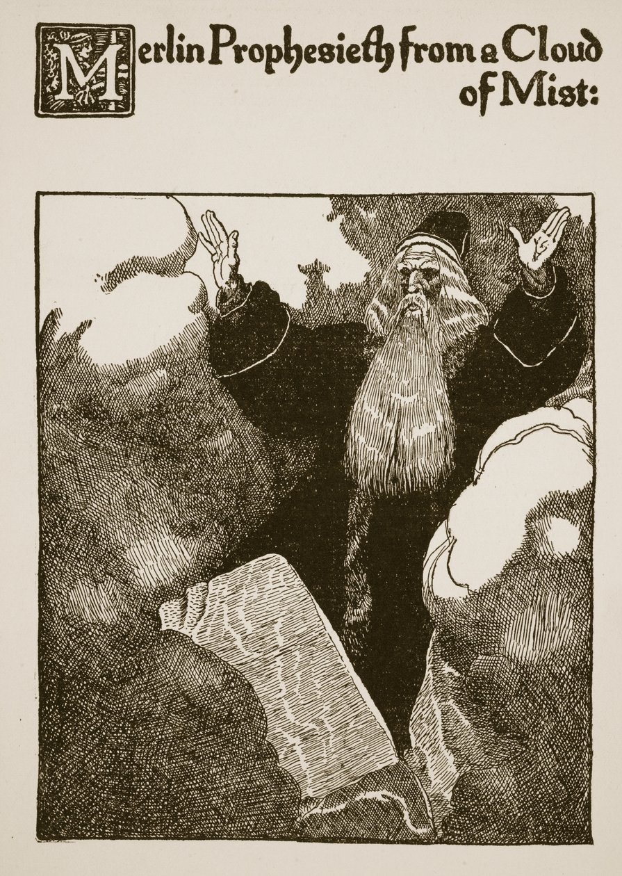 Bir Sis Bulutundan Merlin Kehaneti, 'Sir Launcelot ve Yoldaşlarının Öyküsü'nden bir örnek, 1907 by Howard Pyle