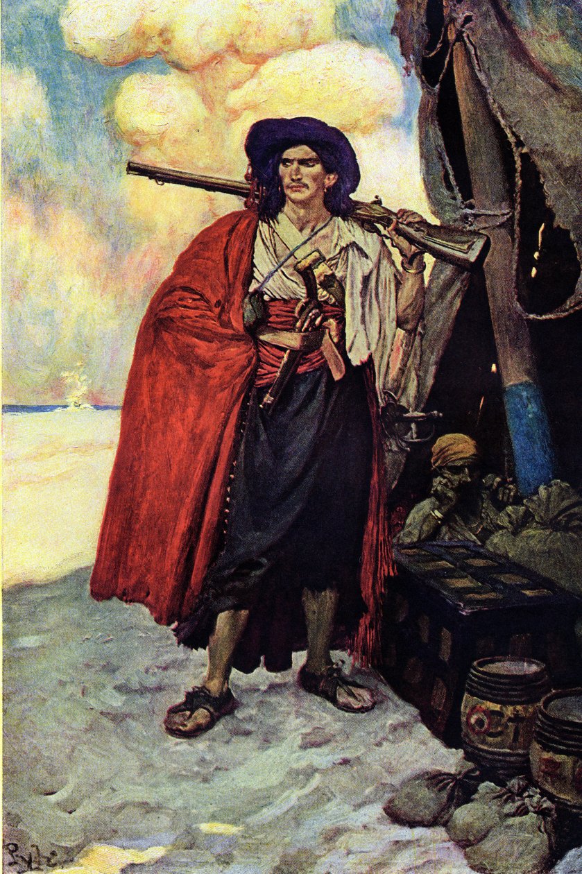 Tüfeği olan bir korsanın portresi. Yanında hain ve ıssız adada kurulan çadır. Howard Pyle (1853-1911), Amerikalı illüstratör tarafından “İspanyol Ana Korsanları ve Maroonerları Kitabı”ndan illüstrasyon by Howard Pyle