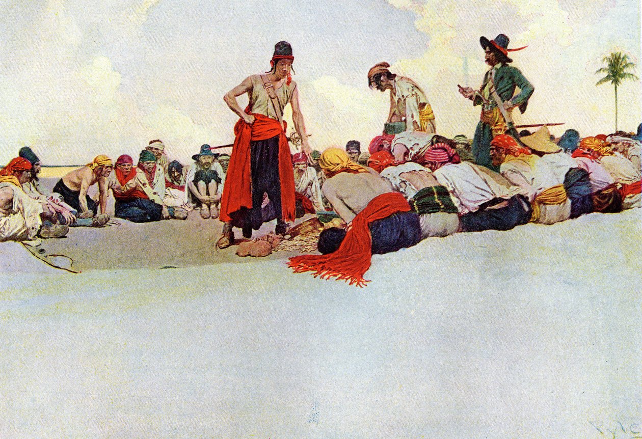 Bir daire içinde yeniden bir araya gelen korsanlar arasında hain paylaşımı. Howard Pyle (1853-1911), Amerikalı illüstratör tarafından “İspanyol Ana Korsanları ve Maroonerları Kitabı”ndan illüstrasyon by Howard Pyle