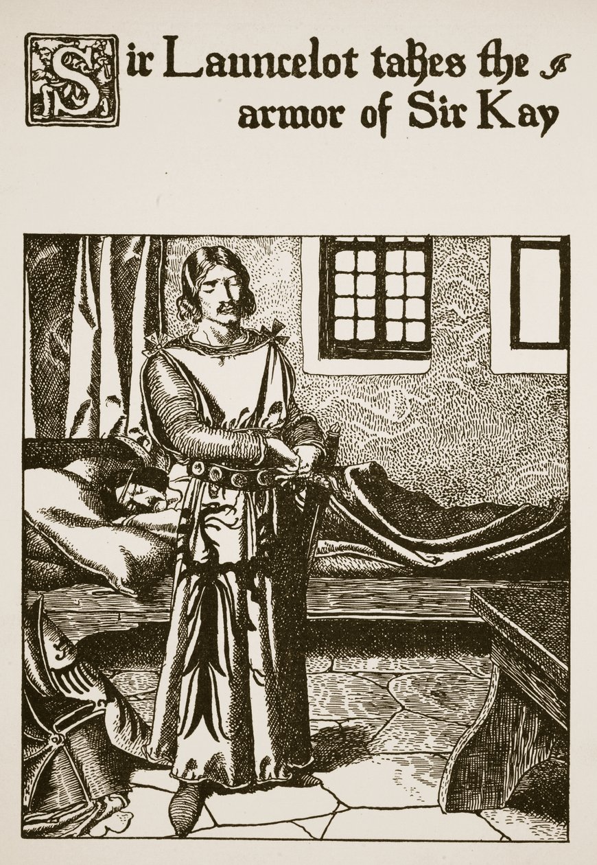 Sir Launcelot, Sir Kay'in zırhını alıyor, "Yuvarlak Masa Şampiyonlarının Hikayesi"nden bir örnek by Howard Pyle