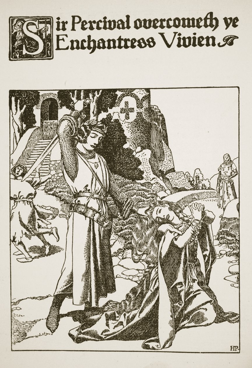 Sir Percival, büyücü Vivien'i yendi, 'Yuvarlak Masa Şampiyonlarının Hikayesi'nden bir örnek by Howard Pyle