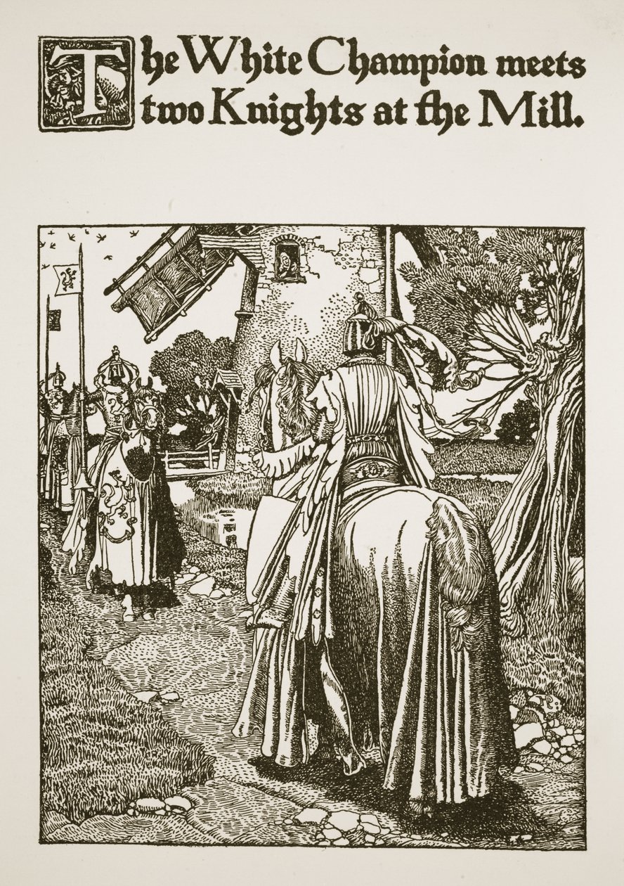 Beyaz Şampiyon, Değirmen'de iki Şövalye ile tanışır, 'Kral Arthur ve Şövalyelerinin Öyküsü'nden bir çizim, 1903 by Howard Pyle