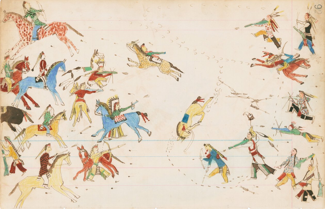 Karga ve Cheyenne Kabileleri Arasında Bir Savaş, 1874-75 (defter kağıdında kalem, mürekkep ve tuvalet) by Howling Wolf