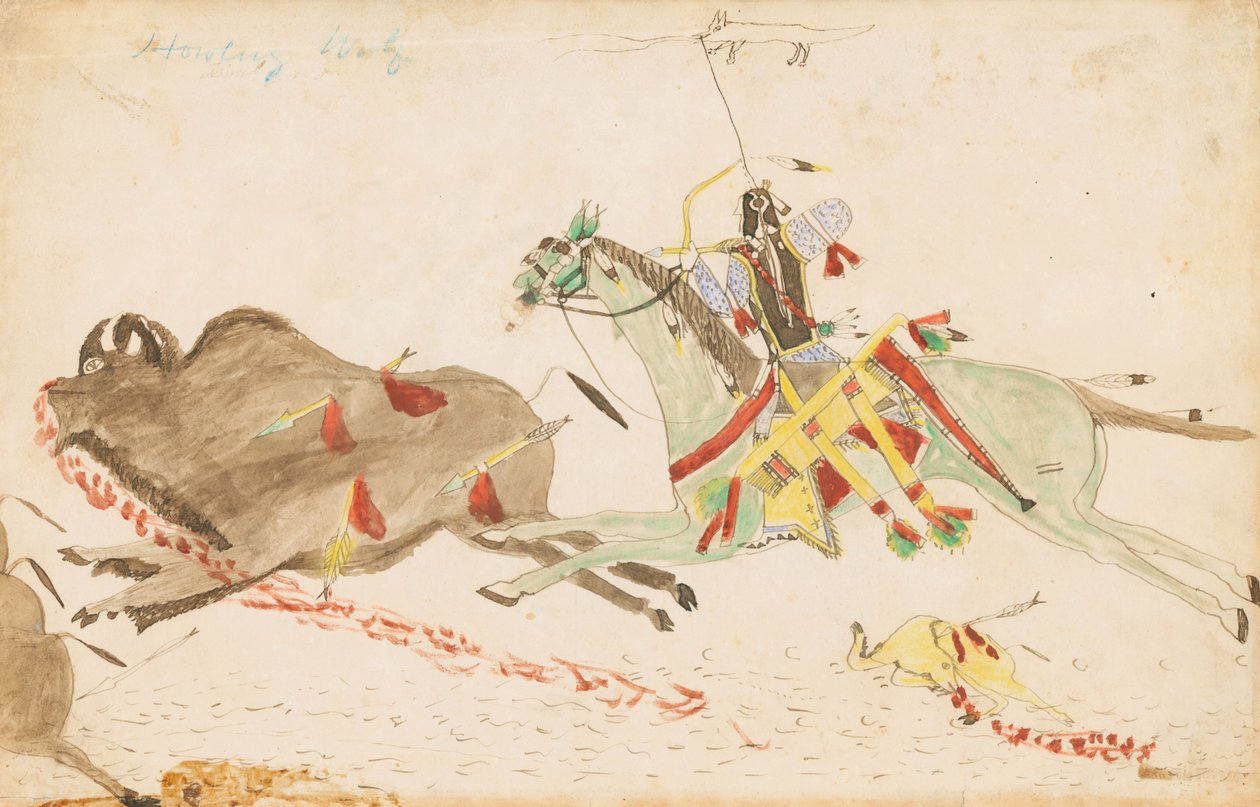 Howling Wolf Hunting Buffalo, 1874-75 (defter kağıdı üzerinde kalem, mürekkep ve wc) by Howling Wolf