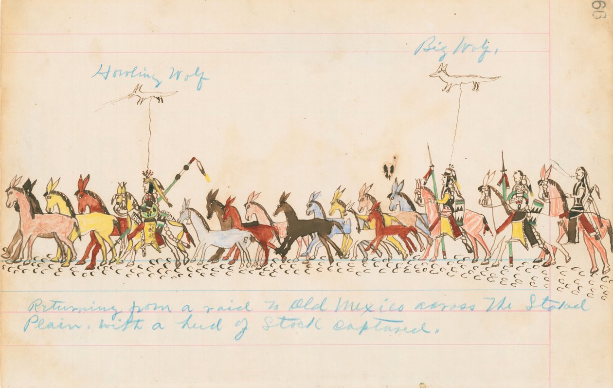 Yakalanan Stok Sürüsü ile Kazıklı Ovalarda Eski Meksika'ya yapılan bir Baskın'dan Dönüş, 1874-75 (kayıt defteri kağıdında kalem, mürekkep ve tuvalet) by Howling Wolf