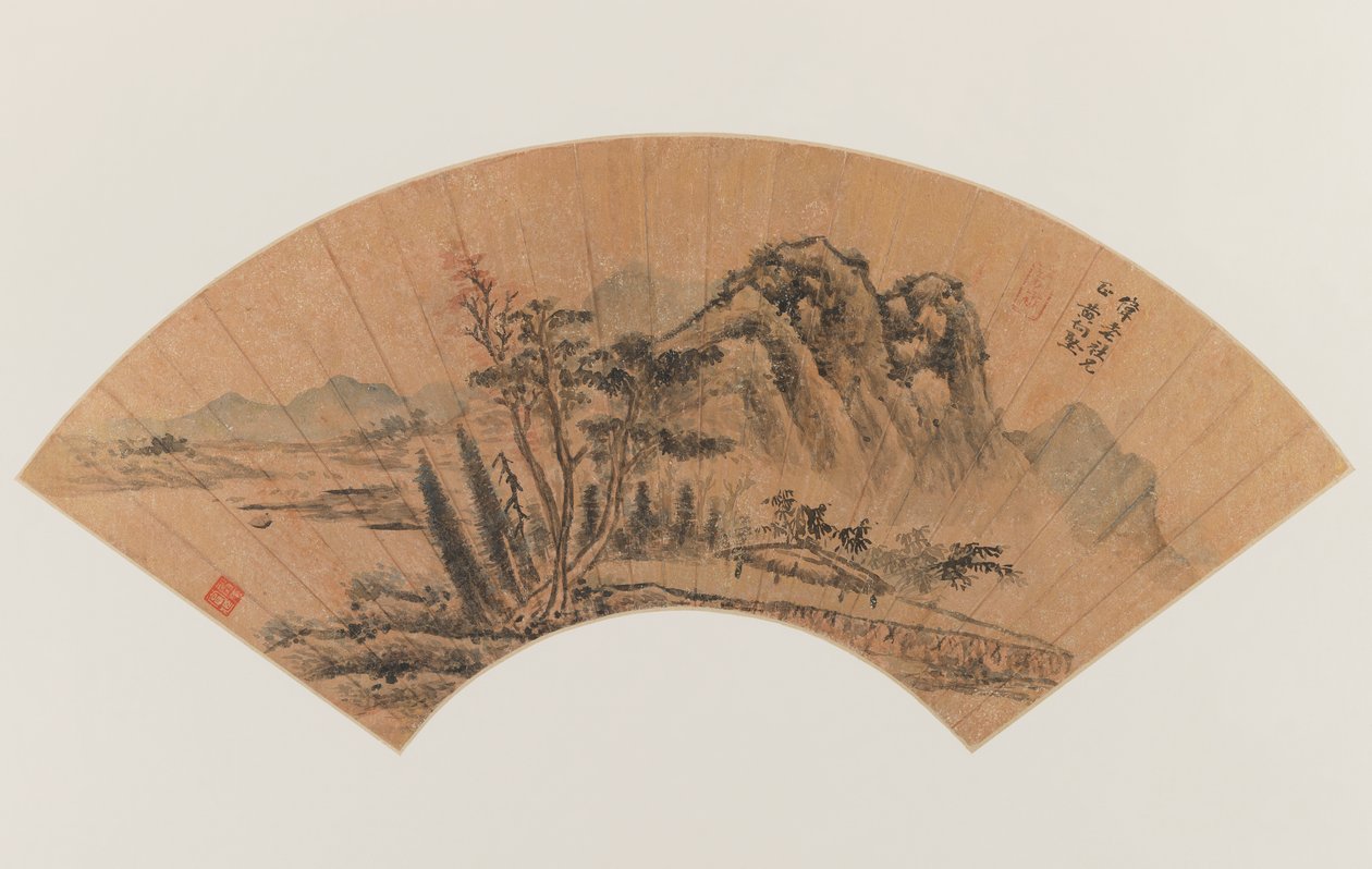 Yelpaze üzerine boyanmış manzara (altın benekli kağıt üzerine mürekkep ve renkli) by Hsiang Chien Huang