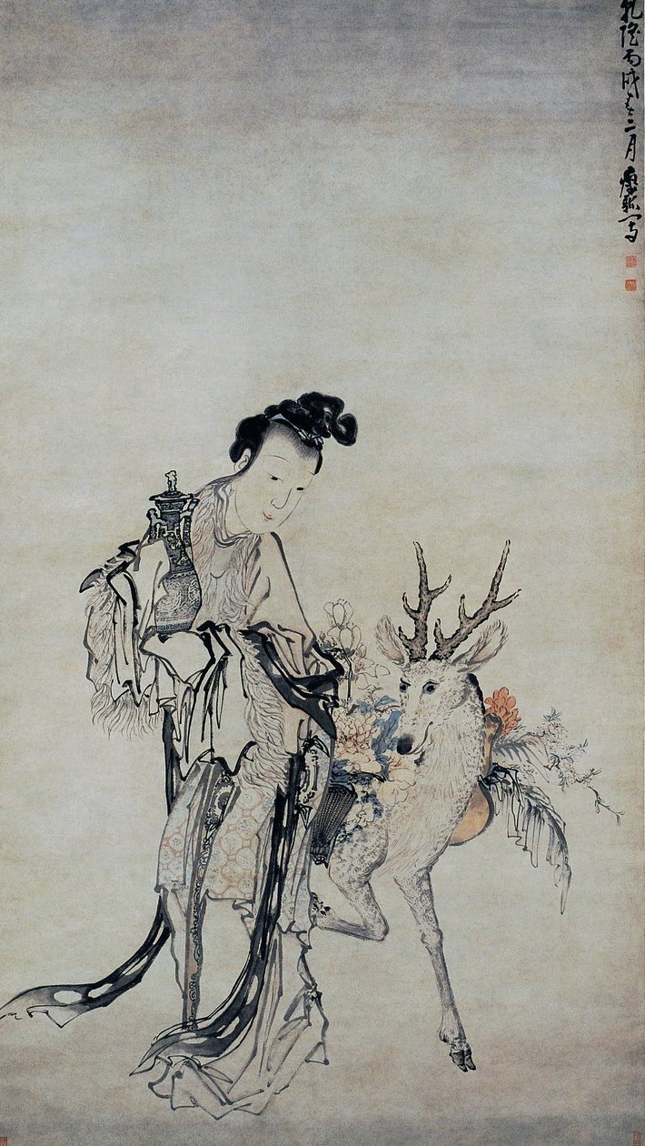 Ma-gu Vazo Tutarken, Geyik İle by Huang Shen