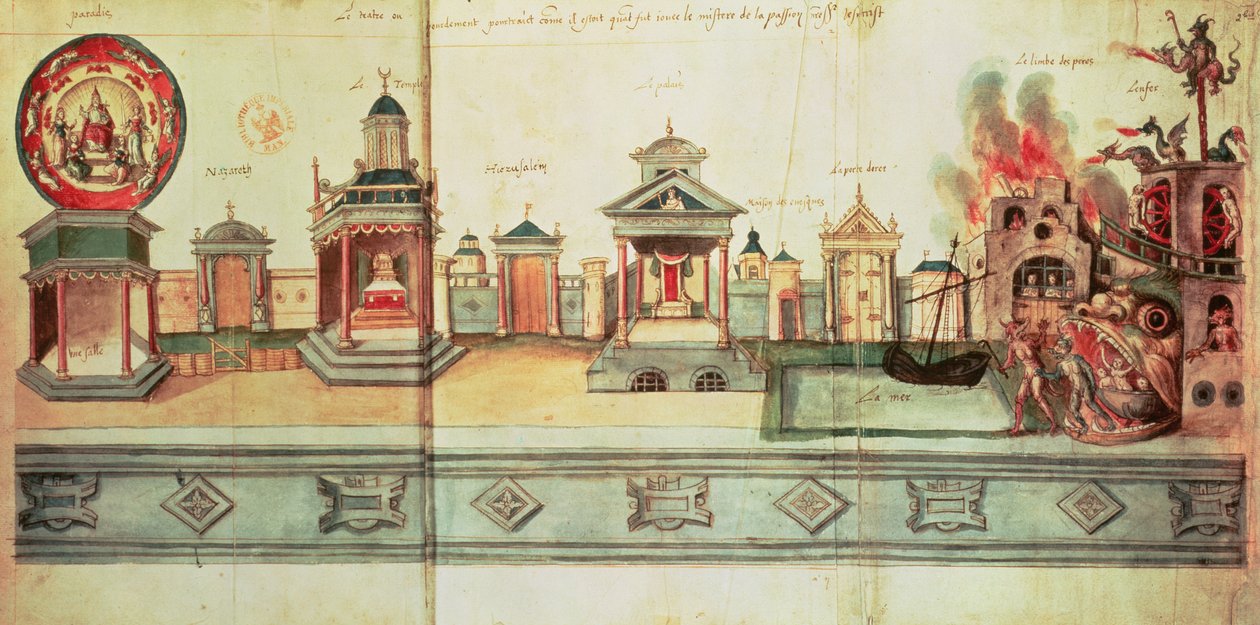 Ms fr.12536 f.2 Valenciennes Gizem Oyunu Sahnesi, 1547 (guaj ve mürekkep) by Hubert Cailleau