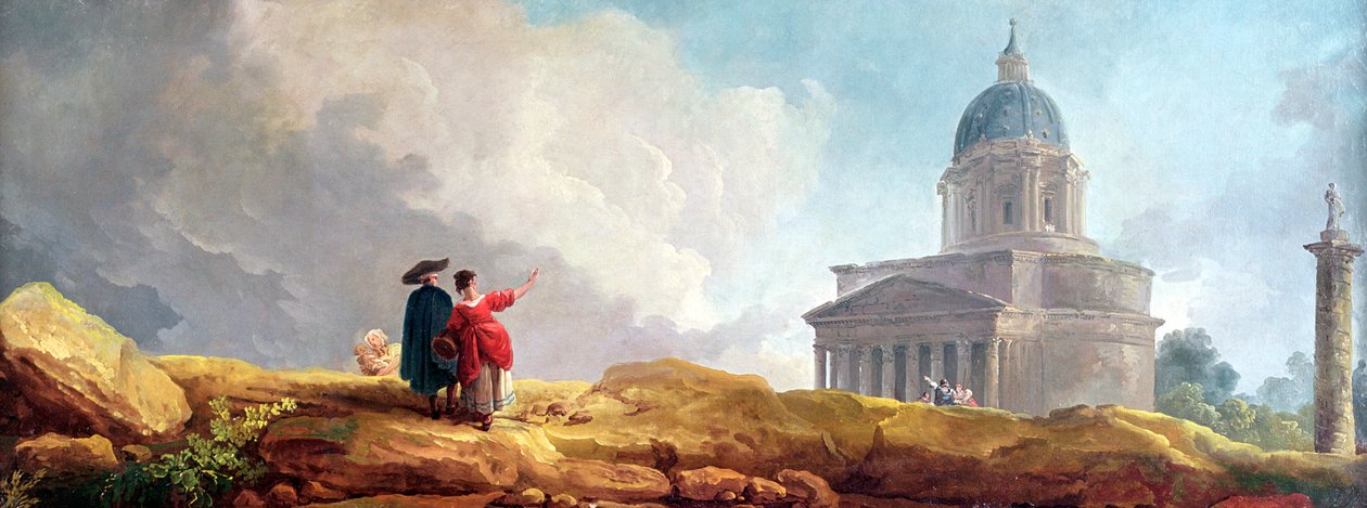 Geniş Bir Manzarada Bir Gezgine Görüntülenen Bir Kilise by Hubert Robert