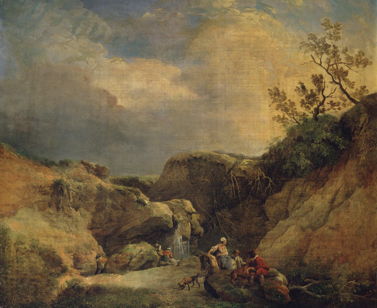 Bir Şelalenin Yanında Konuşan Gezginlerle Kayalık Ormanlık Bir Manzara (tuval üzerine yağlı boya) by Hubert (circle of) Robert