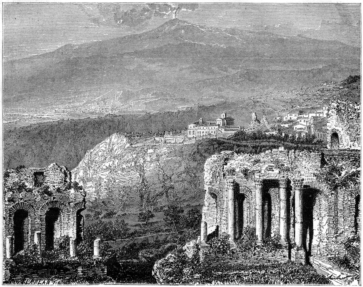 Etna Dağı ve Taormina manzarası, Sicilya, İtalya, 19. yüzyıl by Hubert Clerget