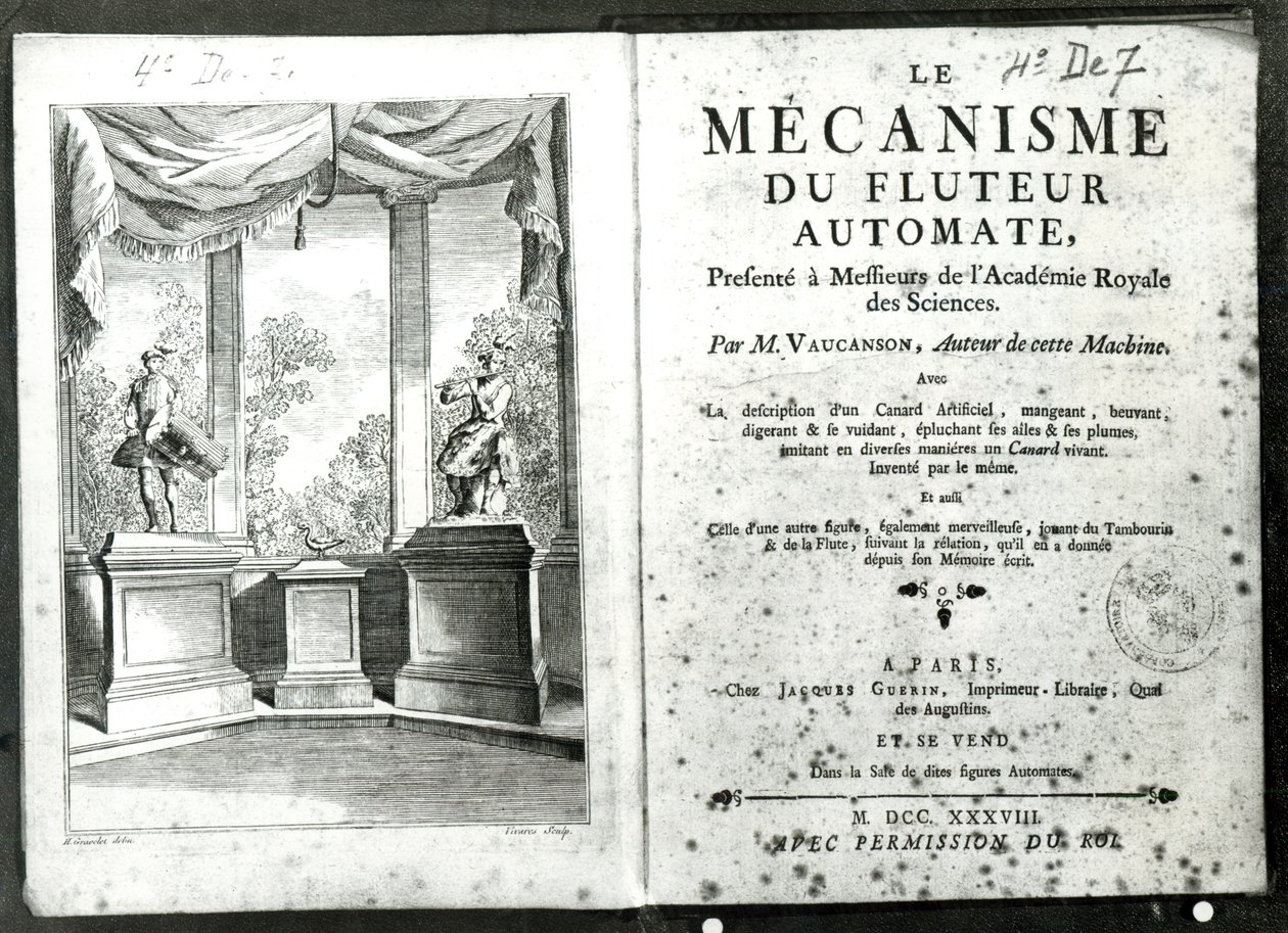 Otomatlar, Jacques de Vaucanson tarafından 'Le Mecanisme du fluteur automate'den ön yüz resmi, Francois Vivares (1709-80) 1738 tarafından oyulmuş by Hubert Francois Gravelot