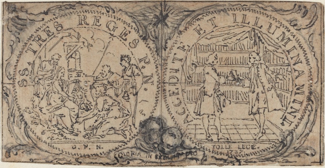 Magi ve İki Bibliyofilin Hayranlığı ile Süs Madalyonları by Hubert Francois Gravelot