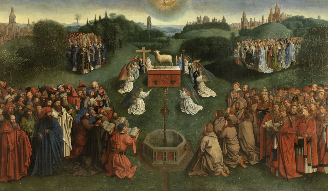 Ghent Altarpiece'den The Adoration of the Mystic Lamb'in kopyası, orta panelin alt yarısı (panel üzeri yağlı boya) by Hubert & Jan van (1390 1441) (after) Eyck