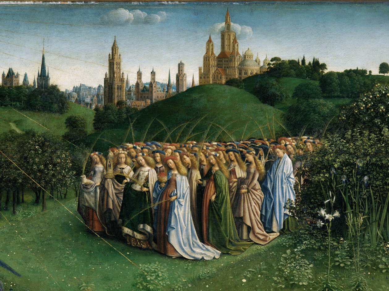 Ghent Altarpiece'den Mistik Kuzunun Tapınması, orta panelin alt yarısının detayı by Hubert & Jan van (1390 1441) Eyck