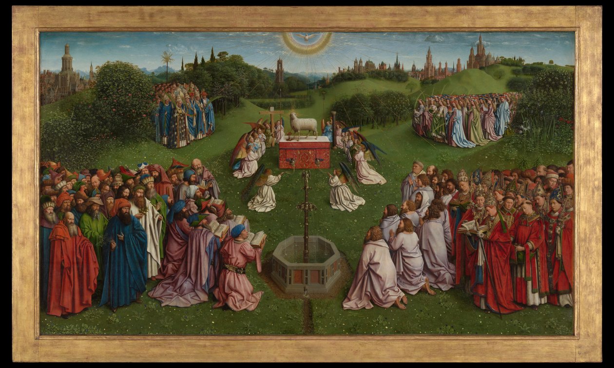 Ghent Altarpiece'den Mistik Kuzunun Tapınması, orta panelin alt yarısı by Hubert & Jan van (1390 1441) Eyck