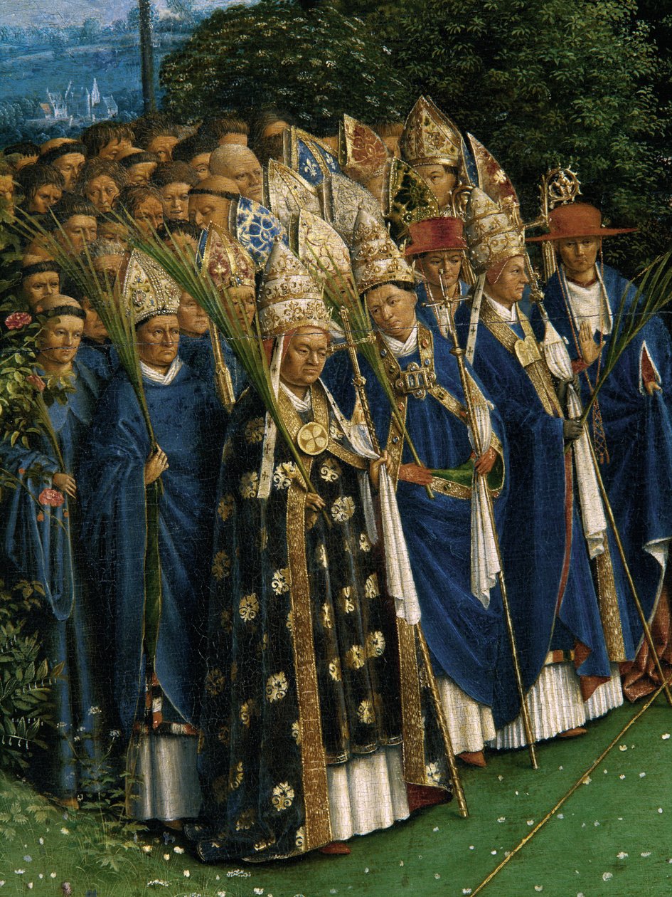 Ghent Altarpiece'den Mistik Kuzu Tapınmasının Detayı, orta panelin alt yarısı by Hubert & Jan van (1390 1441) Eyck