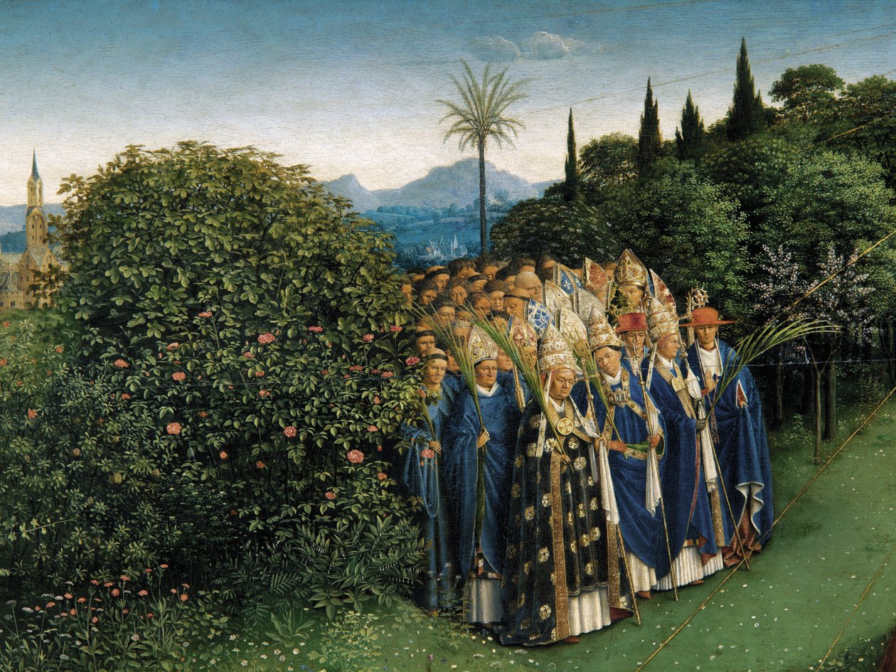 Ghent Altarpiece'in orta panelinden Mistik Kuzu Tapınmasının Detayı (panel üzeri yağlı boya) by Hubert & Jan van (1390 1441) Eyck