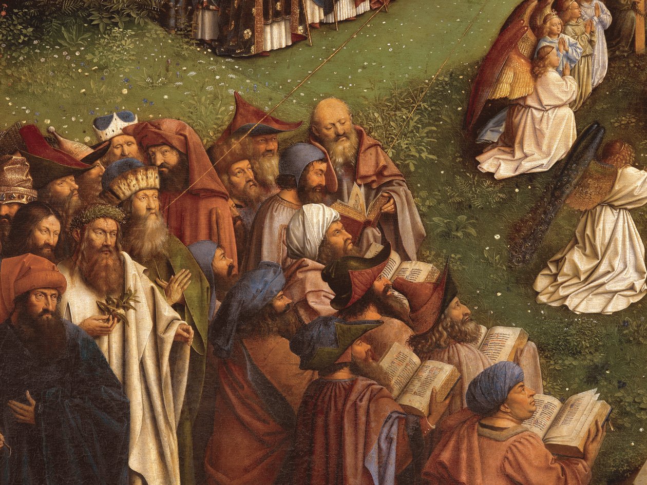 Ghent Altarpiece'in orta panelinden Mistik Kuzu Tapınmasının Detayı (panel üzeri yağlı boya) by Hubert & Jan van (1390 1441) Eyck