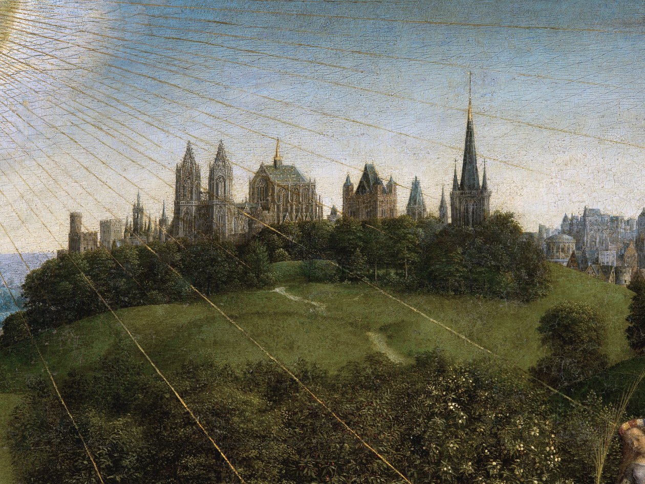 Ghent Altarpiece'in orta panelinden Mistik Kuzu Tapınması'nın detayı (panel üzeri yağlı boya) by Hubert & Jan van (1390 1441) Eyck