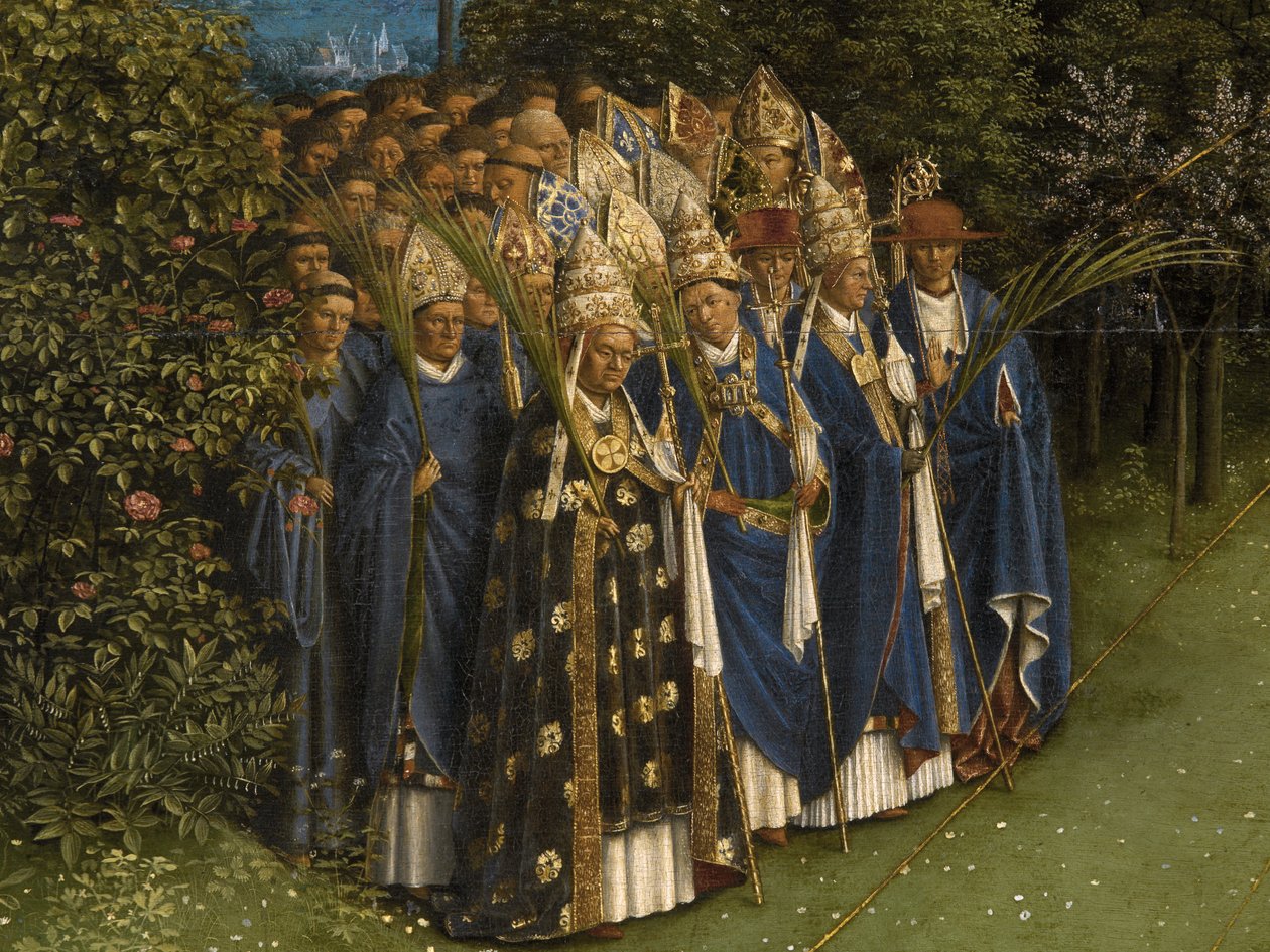 Ghent Altarpiece'in orta panelinden Mistik Kuzu Tapınmasının Detayı (panel üzeri yağlı boya) by Hubert & Jan van (1390 1441) Eyck