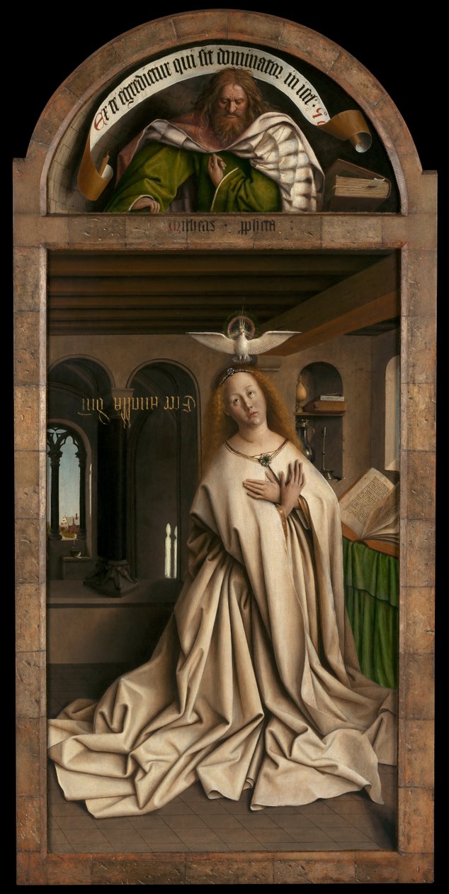 Lunette: Mika Peygamber. Alt panel: Bakire Müjde, Ghent Altarpiece'in sağ panelinin dışından by Hubert & Jan van (1390 1441) Eyck