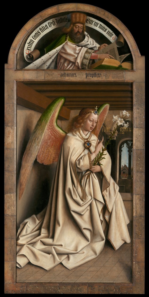 Lunette: peygamber Zekeriya. Alt panel: Ghent Altarpiece'in sol kanadının dışından Angel Annunciate by Hubert & Jan van (1390 1441) Eyck