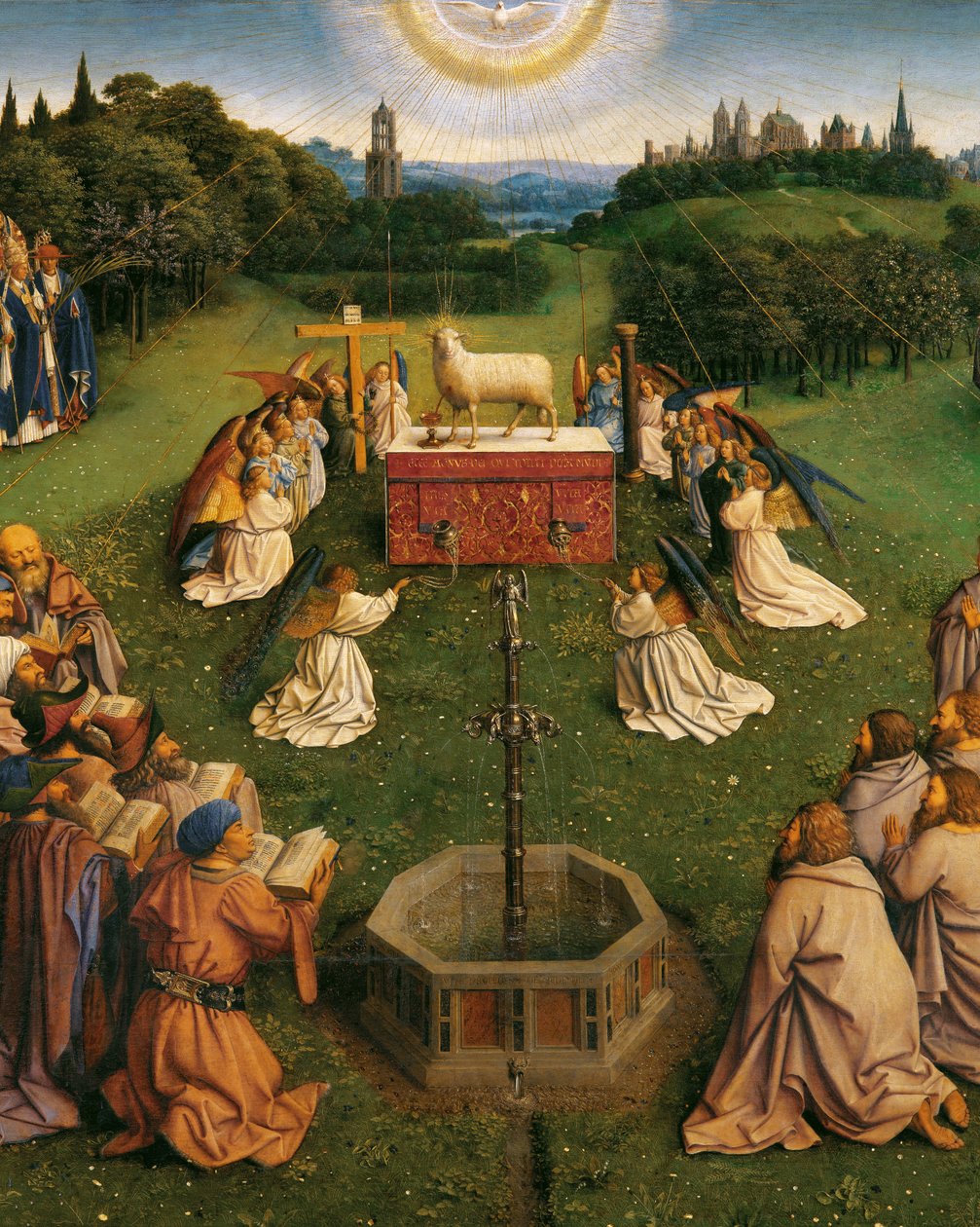 Ghent Altarpiece'den Mistik Kuzunun Tapınması, orta panelin alt yarısının detayı by Hubert & Jan van (1390 1441) Eyck
