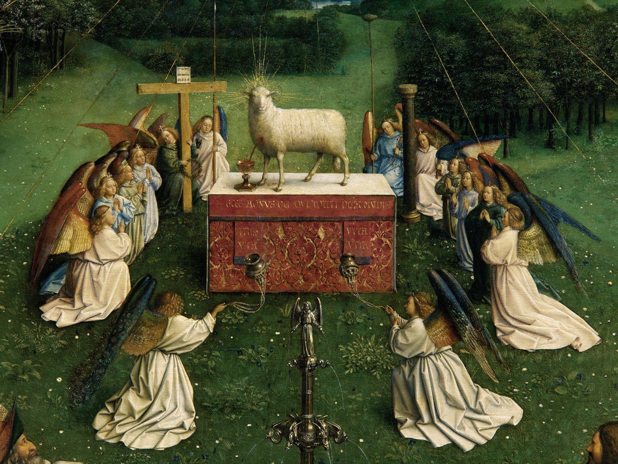 Ghent Altarpiece'den Mistik Kuzunun Tapınması, orta panelin alt yarısının detayı by Hubert & Jan van (1390 1441) Eyck