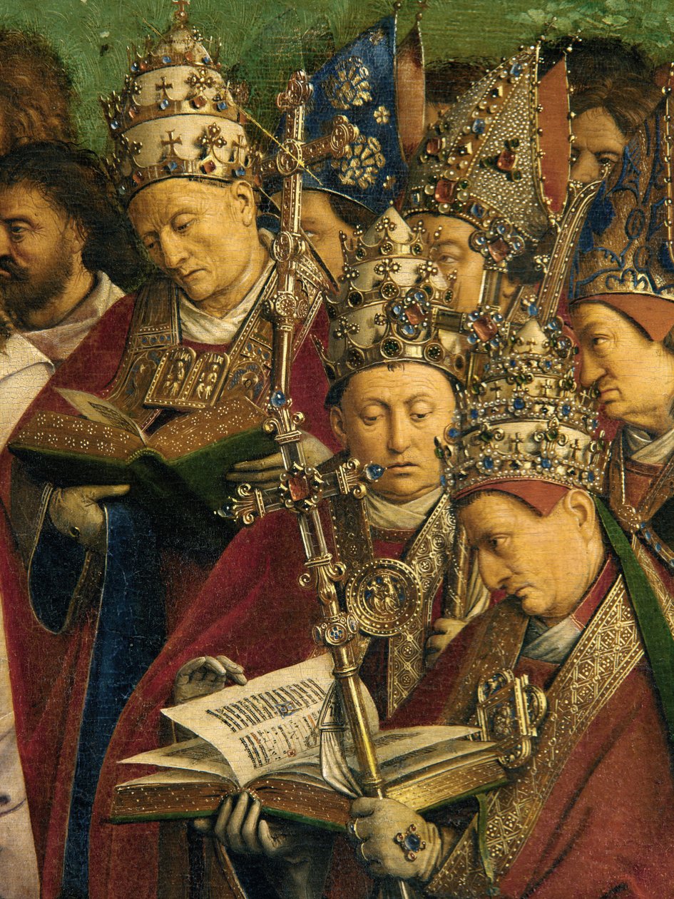 Ghent Altarpiece'den Mistik Kuzunun Tapınması, orta panelin alt yarısının detayı by Hubert & Jan van (1390 1441) Eyck