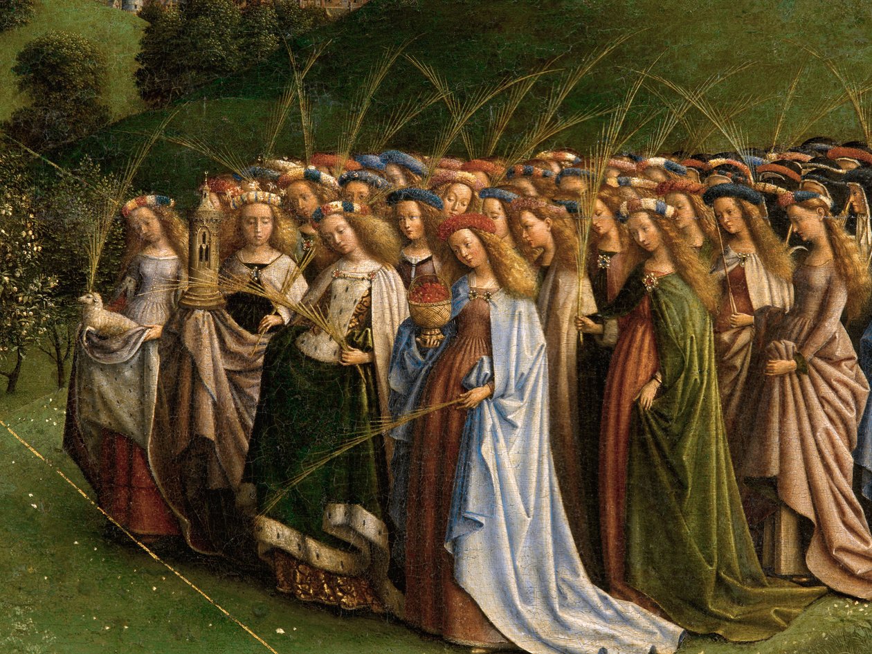 Ghent Altarpiece'den Mistik Kuzunun Tapınması, orta panelin alt yarısının detayı by Hubert & Jan van (1390 1441) Eyck
