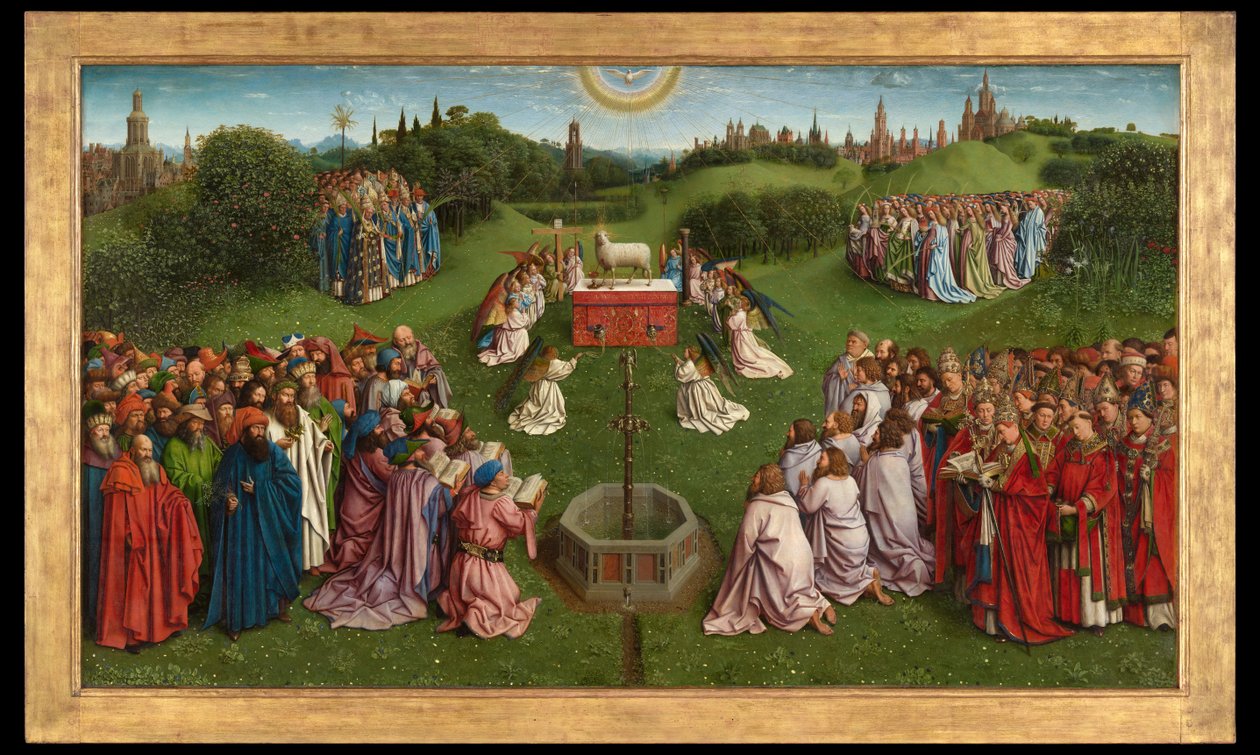Ghent Altarpiece'den Mistik Kuzunun Tapınması, orta panelin alt yarısı by Hubert & Jan van (1390 1441) Eyck