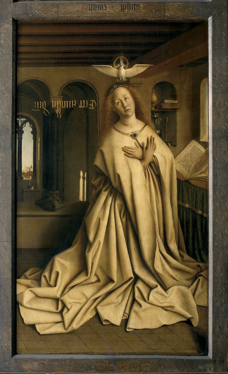 Melek Cebrail, Mesajı Maria'ya iletir, Ghent Altarpiece'den detay, kapalı (panel üzerinde yağlı boya) by Hubert & Jan van (1390 1441) Eyck