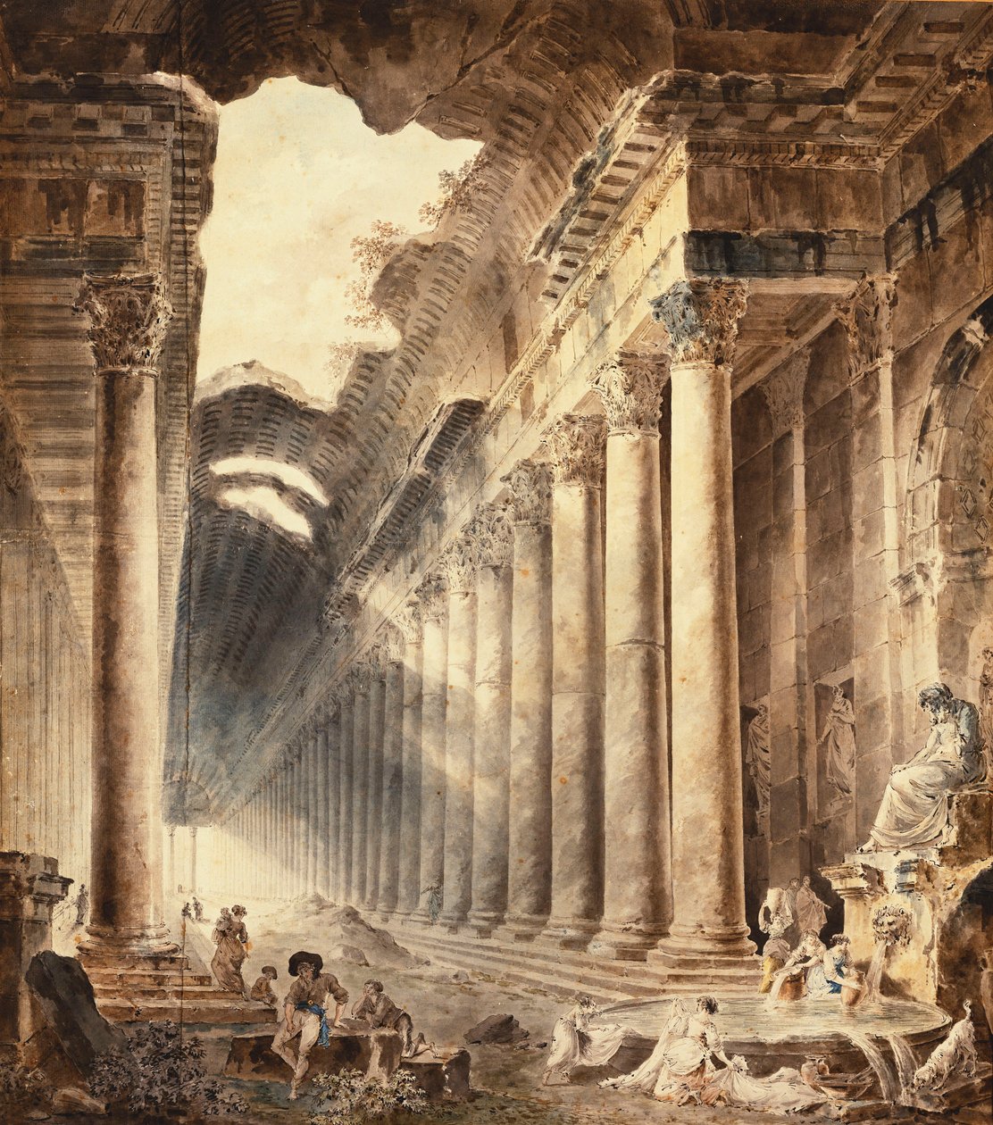 Sütunlu Termal Bina, Çatısı Kısmen Göğe Açık, Kızların Bir Heykelin Altındaki Çeşmede Çamaşır Yıktığı, by Hubert Robert