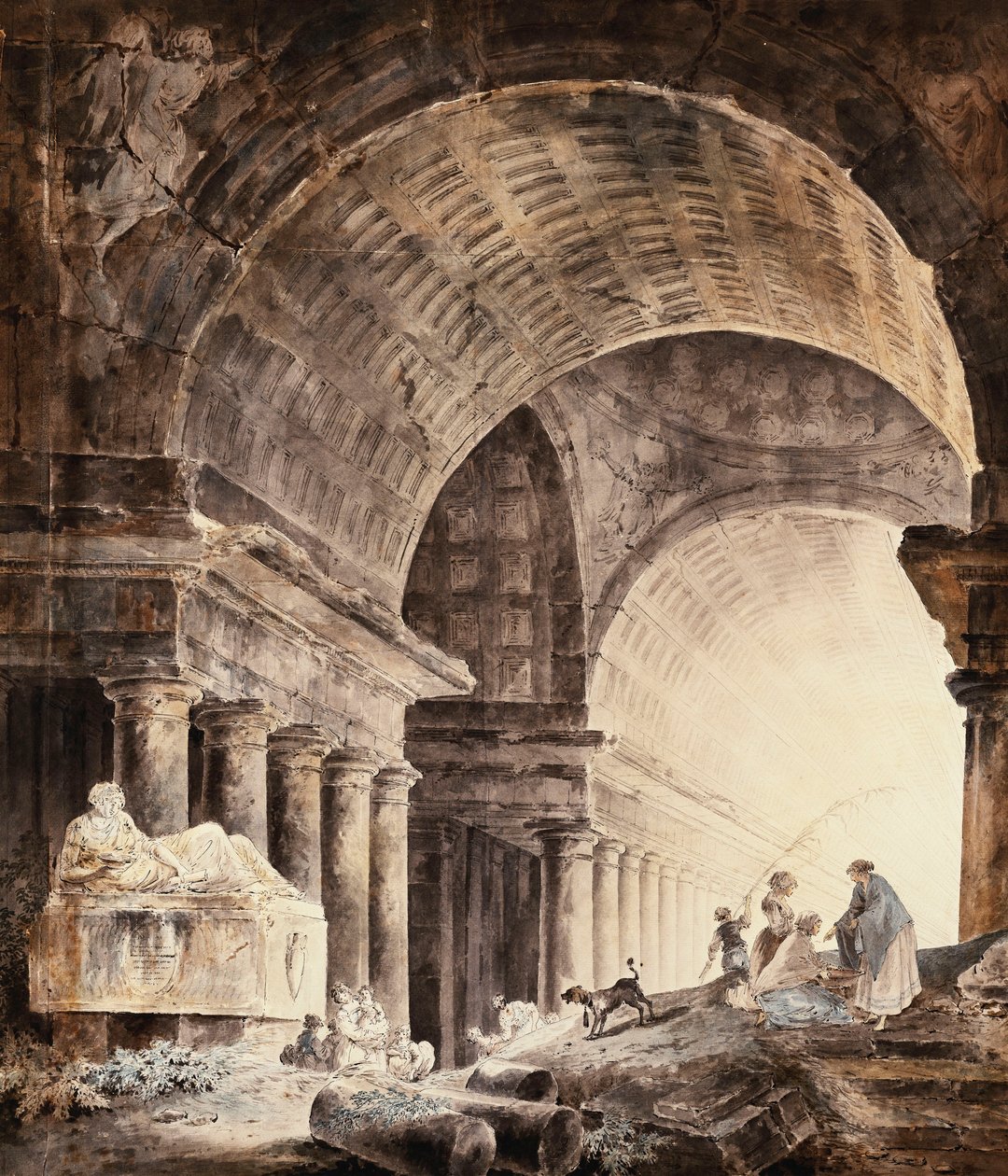 Kırık Sütunların Yanında Kadın ve Çocuklu, Köpekli, Çapraz Tonozlu Büyük Bir Bina, by Hubert Robert